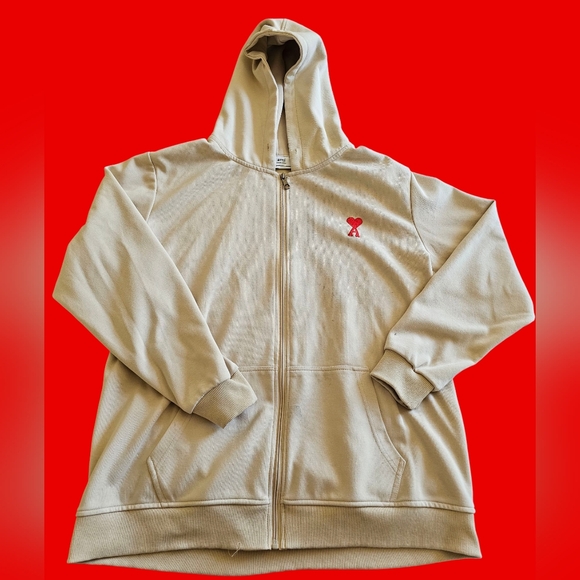 AMI Ami de Cœur Beige Zip-Up Hoodie with Red Heart Logo Sz M-L - Picture 1 of 11